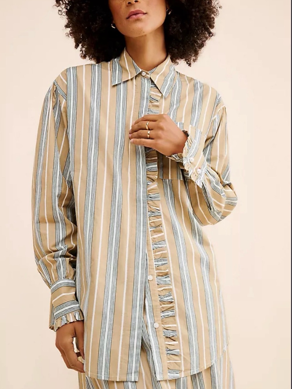 Damson Madder Size 6 • Tan Blue Striped Long Sleeve Blouse.